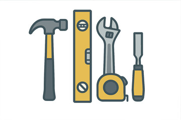 Essential hand tools for various repair and building tasks: hammer, spirit level, adjustable wrench, and chisel