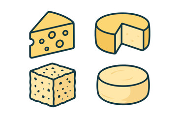 Assortment of various cheese types including wedges, blocks, and whole wheels with different textures and forms, dairy products
