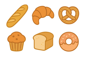 Assortment of freshly baked goods including a baguette, croissant, pretzel, muffin, loaf of bread, and a donut