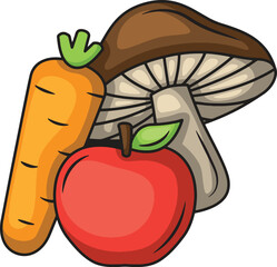 Cartoon illustration of a carrot apple and mushroom
