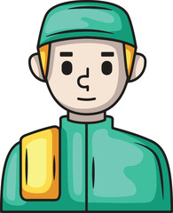 Cartoon illustration of a person wearing a green cap and jacket