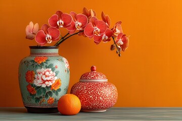 Elegant porcelain vases with flowers and fruit on an orange background