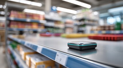 Focused weight sensor capturing realtime product weight on retail shelving surrounding items out of focus to highlight precise inventory monitoring.