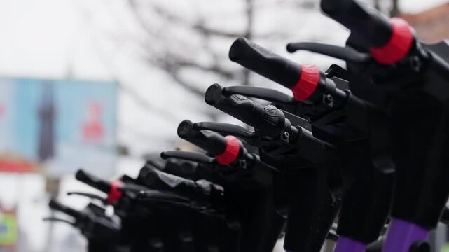 Close-up row of electric scooters with black handlebars and red collars parked on a city street, illustrating shared micromobility and sustainable urban transport.