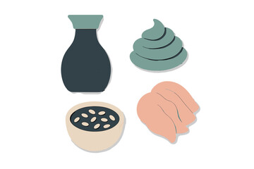 Stylized soy sauce bottle, wasabi paste, rice bowl with beans, and ginger slices for traditional Asian food preparation and serving