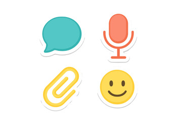 Digital communication and office tools with speech bubble microphone paperclip and smiley face