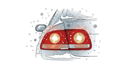 Car taillights glowing in snow in vintage illustration style