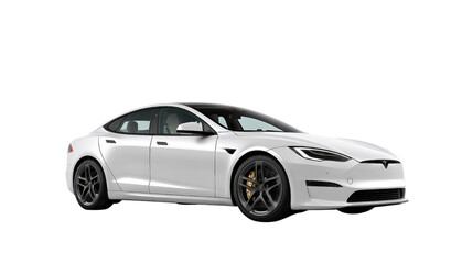 Sleek Electric Vehicle: A pristine white electric vehicle showcases cutting-edge design, innovation and environmental consciousness. Featuring modern lines, and embodying the future of transportation.