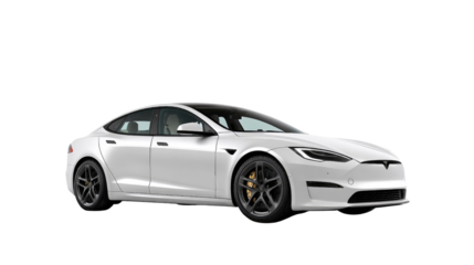 Sleek Electric Vehicle: A pristine white electric vehicle showcases cutting-edge design, innovation and environmental consciousness. Featuring modern lines, and embodying the future of transportation.