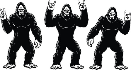 Bigfoot Sasquatch cartoon vector illustration with peace sign and rock hand gestures, mythical creature design for fantasy, folklore, humor concepts
