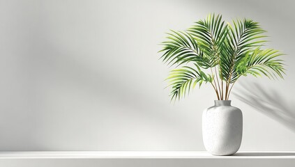 Fototapeta premium A minimalist scene features a white vase holding a lush green palm frond arrangement against a bright white wall, subtly lit by a single light source
