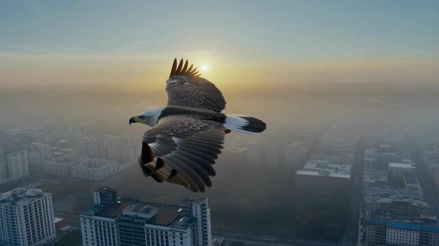 Majestic bird of prey soaring over urban landscape at sunrise
