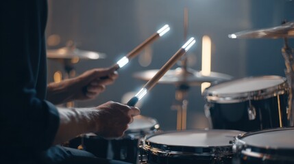Naklejka premium Sensorenabled smart drumming kit captured in medium shot highlighting motion sensors on drumsticks with drummers hands blurred.