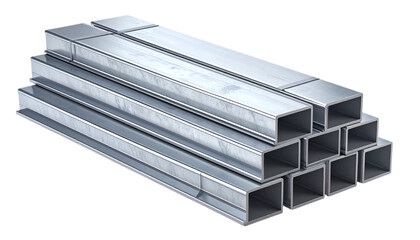 Silver metal beams stack up with studio lighting on a transparent background. Useful for engineering, construction, and design projects.