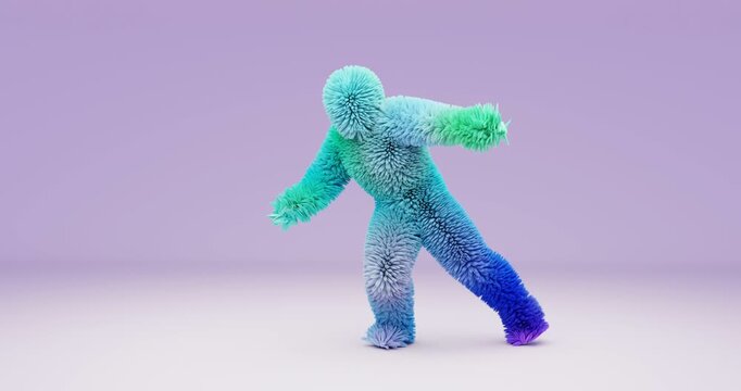 Furry monster dancing hip hop, surreal 3D animation of a fluffy character performing funny moves in a colorful playful background