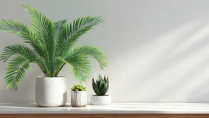 Obraz premium A minimalist scene featuring three potted plants?a palm, a succulent, and another small plant?on a white shelf against a bright wall with soft sunlight