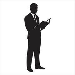 Silhouette of a businessman in a suit standing and reading a document or book against a white background