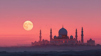 Illustration of a mosque at sunset with a full moon in the background, showcasing the serenity of the evening.