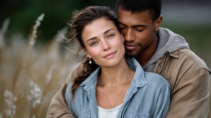 Obraz premium Young Couple Embracing in Outdoor Setting with Soft Natural Light and Green Background