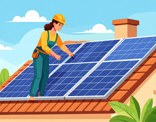 Female technician installing solar panels on a residential rooftop, ensuring clean energy.
