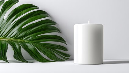 A minimalist still life featuring a large white pillar candle next to a vibrant green tropical leaf against a bright white background
