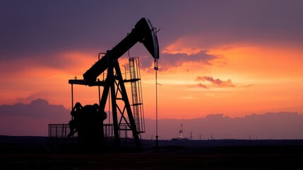 The oil pumpjack silhouetted against a vibrant sunset sky