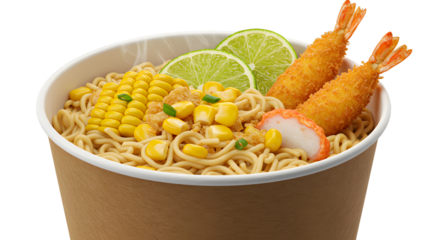 Instant ramen noodle cup with corn, lime slices, tempura shrimp, and imitation crab, delicious Asian-style meal perfect for quick lunches