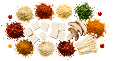 Assorted spices and tofu with mushroom slices on white background, perfect for cooking and recipe inspiration