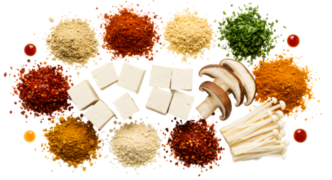 Assorted spices and tofu with mushroom slices on white background, perfect for cooking and recipe inspiration