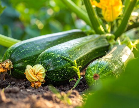 Fresh zucchini resting on the ground