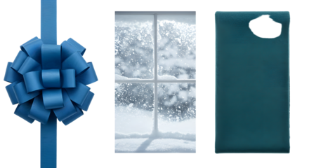 Blue gift bow ribbon, frosted window with snow outside, and blue gift bag isolated on white, holiday and winter decorations