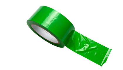 Rolled, vibrant green adhesive tape, glossy surface, isolated on black background