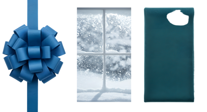 Blue gift bow ribbon, frosted window with snow outside, and blue gift bag isolated on white, holiday and winter decorations