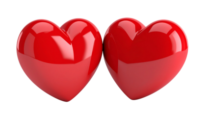 Red hearts shine; romantic, glossy surfaces ideal for Valentines, love-themed graphics with PNG and transparent background.