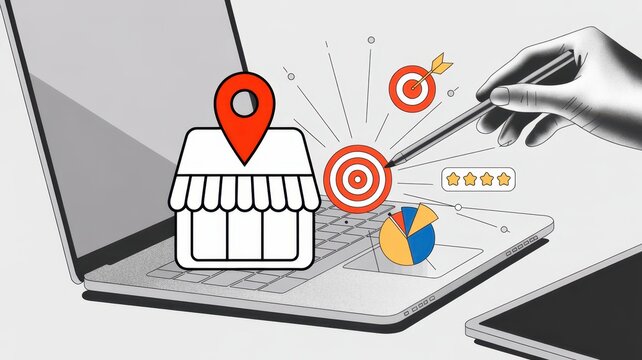 Online presence management concept showing local business listing, customer review, target marketing, and business analytics on laptop screen