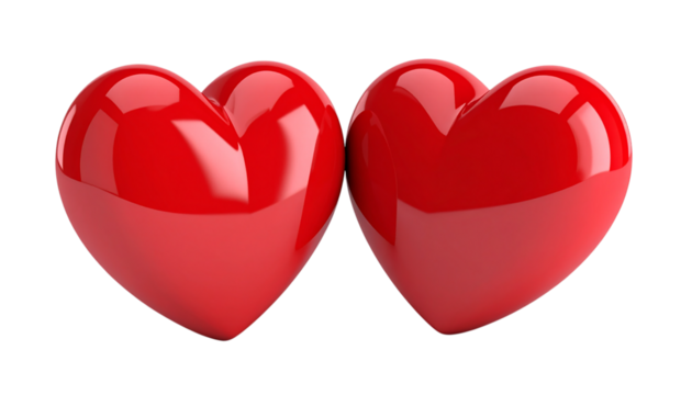 Red hearts shine; romantic, glossy surfaces ideal for Valentines, love-themed graphics with PNG and transparent background.