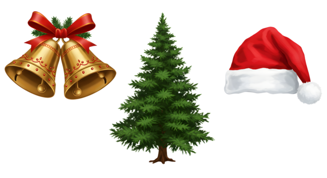 Christmas bells with red ribbon, green pine tree, and Santa hat isolated on white background, perfect for holiday and seasonal decorations