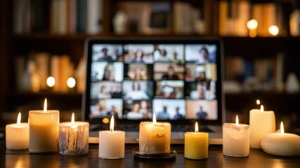 Online secret Santa celebration with glowing candle flame light creating warm festive atmosphere during virtual gathering