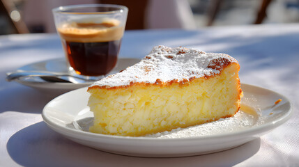 Slice of Cypriot Galatopita custard cake golden top with powdered sugar