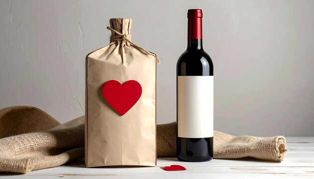 A dark wine bottle next to a gift wrapped in paper with a red heart decoration and a brown sackcloth