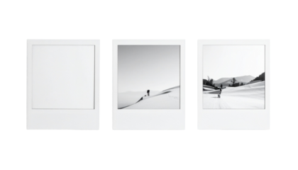 Three black and white instant photos.  Empty frame, desert landscape, monochrome, travel, adventure,  winter,  nature,  sand,  hill,  person