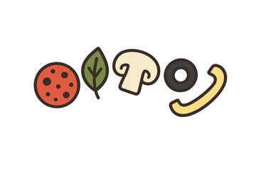 Colorful stylized pizza ingredients: pepperoni, fresh basil, mushroom, black olive, and cheese slice