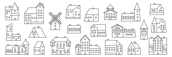 Fototapeta premium Outline set tiny cute house and small home in a Swedish village neighbourhood
