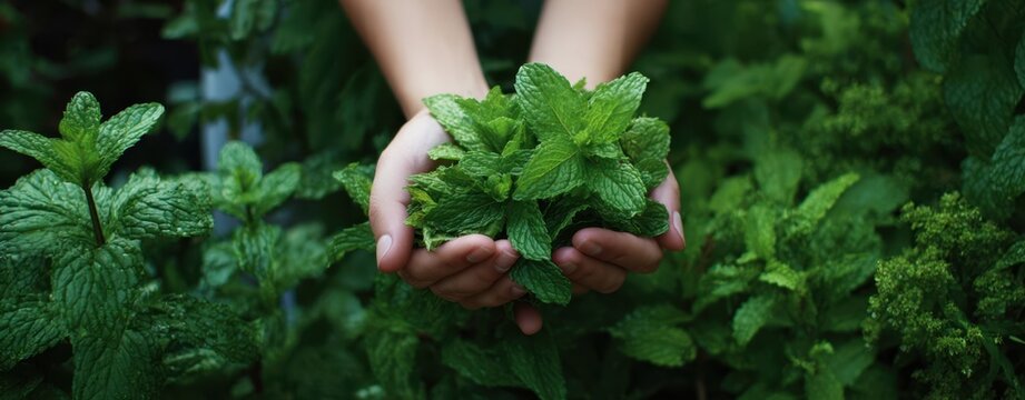 The Mint Leaves Harvest: Hands Cradling Fresh Green Herbs in a Garden