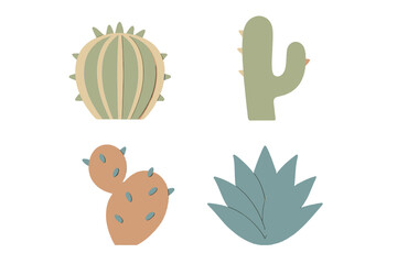 Collection of stylized desert plants and succulents featuring various cacti shapes with layered graphic elements and muted color palette