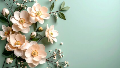Delicate pastel flowers arranged on a mint green background