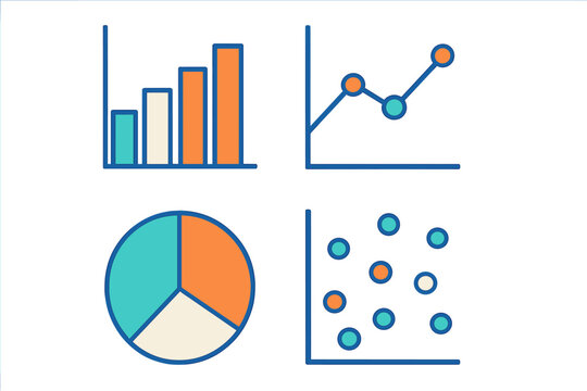 Modern collection of diverse data visualization charts and graphs, including bar, line, pie, and scatter plots, for business and analytics
