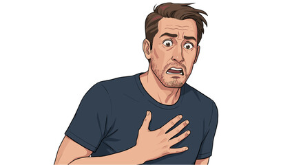 Fototapeta premium Man Shocked Scared Facial Expression Holding Chest in Disbelief Isolated on Transparent Background Emotion