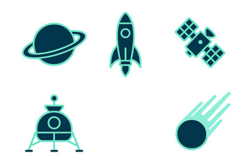 Modern stylized space exploration icons featuring planet, rocket, satellite, lunar lander, and comet © Alan