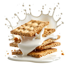 Crispy Crackers Stack Doused in Milk Splash  Transparent Background